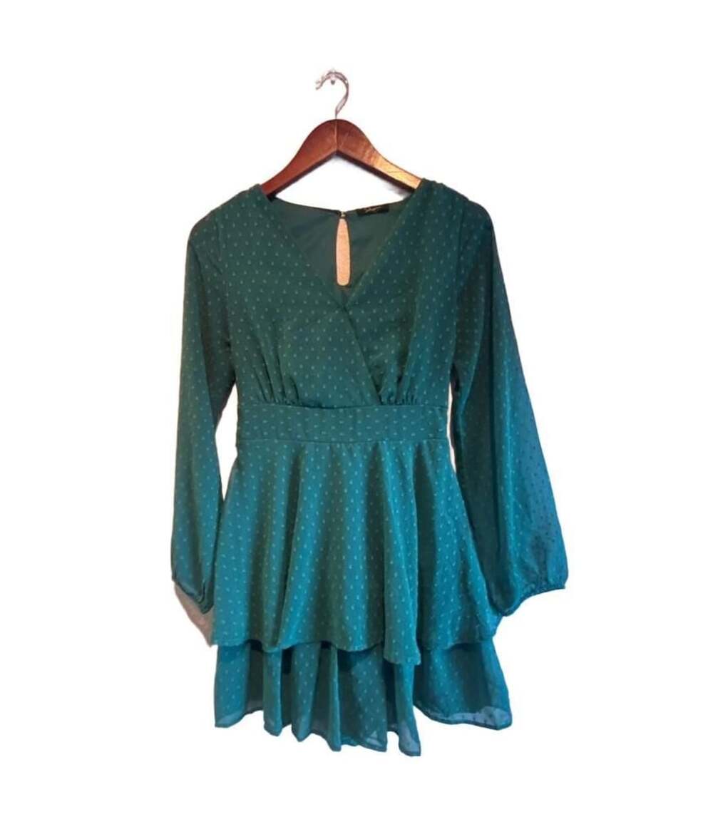 Japna Swiss Dot Chiffon Long Sleeve V-Neck Dress Green Sz Small